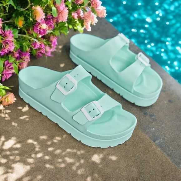 Women's Comfort Slides Double Buckle Adjustable EVA Flat Sandals Mint Size 10 - Picture 1 of 5